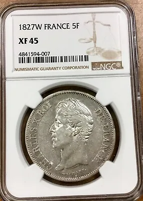 FRANCE 1827 W. 5 Francs NGC XF45  Charles X Silver Crown • $195