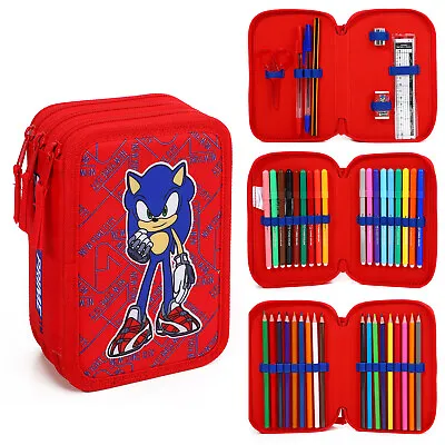 Sonic 3 Tier Pencil Case Multi Compartment Colouring Pens Pencils Set • £16.99