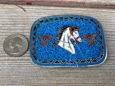 Vtg Taxco Silver Belt Buckle Crushed Turquoise Horse & Spurs Mexico • $19.95