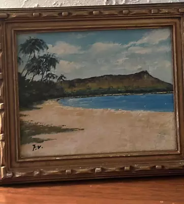 Vintage MCM Original Oil Painting Coastal Ocean Landscape Gold Carved Frame • $39.99