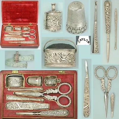 FAB Antique Cased English Sterling Silver Sewing Set Scissors Thimble * C1840 • $517