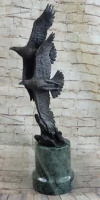 Two Bald Eagles Flying Sideways Bronze Metal Statue Sculpture Green Marble Base • $649