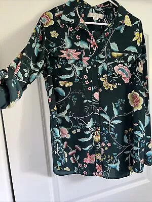 LOFT Green Floral Roll-tab Sleeve Button Front Blouse Women's Large Maternity • $9.99