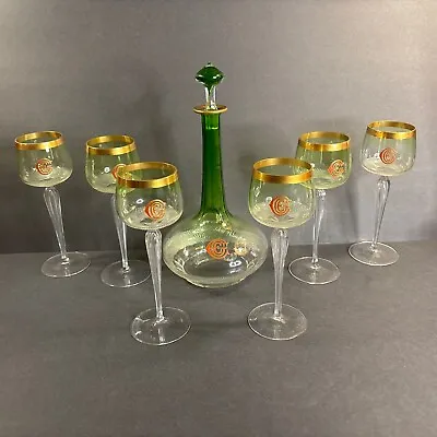 Antique Moser Glass Decanter And Stems/Liquor Set/Green And Gold/ Czech C.1900 • $750