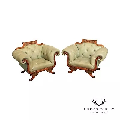 Quality Empire Style Pair Of Tufted Leather Lounge Chairs • $1995