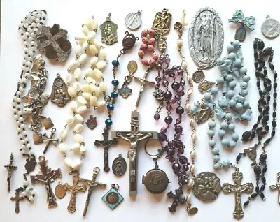 Vtg Rosary Beads Lot Repair Parts Glass Mother Of Pearl Saints Medals Crucifix • $30