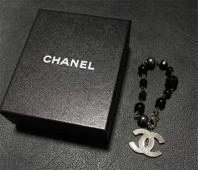 Vintage CHANEL Silver CC Logo Black Pearl Beaded Bracelet New From Japan • $488.03