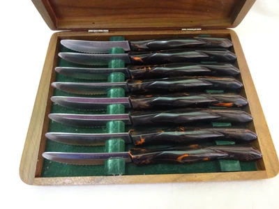 $244 • Buy Vtg CUTCO 1759 Steak Knives Set Of 8 Brown/Orange Marbled Handles Wood Box -RARE
