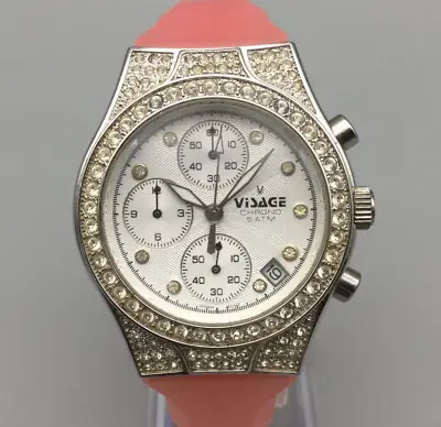 Visage Chronograph Watch Women Silver Tone Pink Band Round Pave Date New Battery • $16