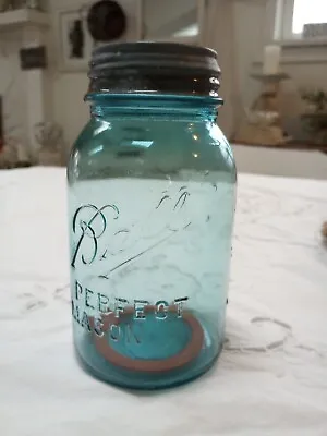 Vintage Antique Aqua Ball Canning Quart Fruit Jar With Zinc Lid • $6