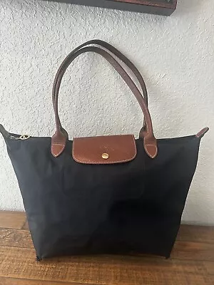 Longchamp Le Pliage Black Large Long Brown Leather Handle Nylon Tote *NOTE • $50