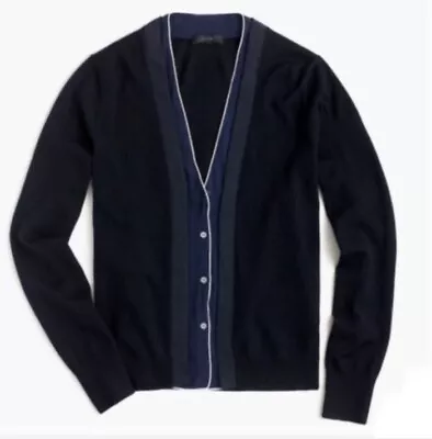 J. Crew Merino Wool Ribbon & Faux Shirt Navy Casual Career Cardigan Sweater S • $29.25