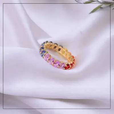 Beautiful Rainbow Multi-Gemstone Oval Eternity Band Ring In 18K Yellow Gold Over • $144.99