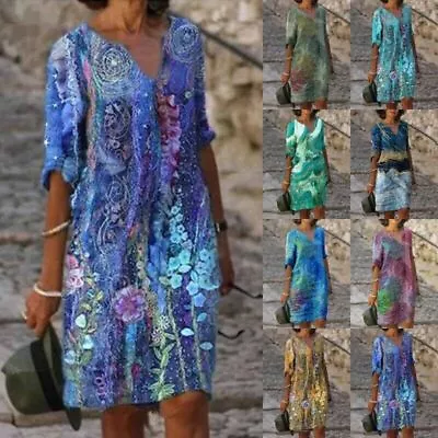 $24.12 • Buy Womens Short Sleeve Floral Midi Dress Ladies Holiday Baggy Beach Kaftan Sundress