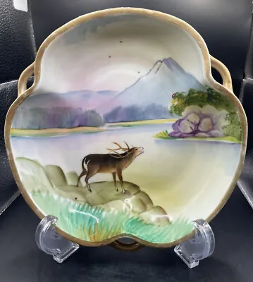 Antique Nippon Hand Painted Candy Nut Dish River Caribou Scene Mountains • $27