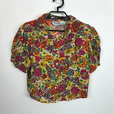 Vintage 80s Hawaiian Shirt Womens Small Cropped Sewn Floral Butterflies • $13.25