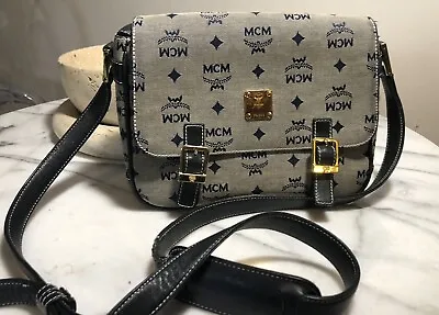 Authentic MCM Navy Monogram Canvas Leather Messenger Small Crossbody Bag • $129.99