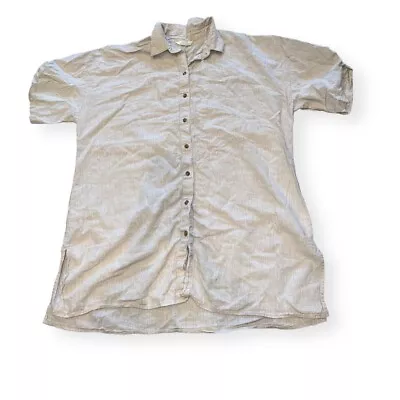 H&M Linen Shirt Mens Large Beige Button Up Short Sleeve Collared Lightweight • $10.19