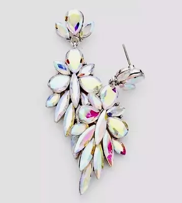 2.4” Long Silver Clear Aurora Borealis AB Austrian Crystal Pageant Earrings • $14.50