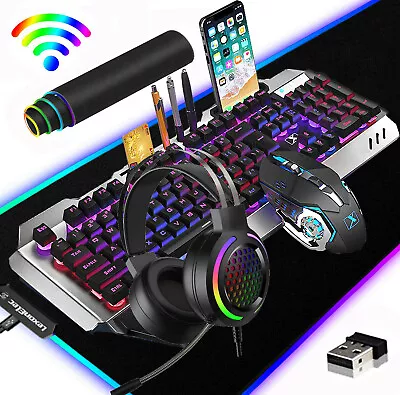 $75.98 • Buy RGB Wireless Keyboard Mouse And Headset Mat Set RGB Backlit For PC PS4 Xbox One