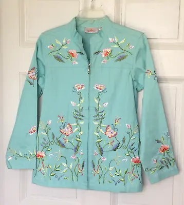 Quacker Factory Embroidered Mandarin Collar Stretch Jacket Size S Turquoise Aqua • $29.99