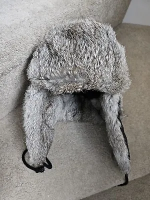 Trapper Hat Winter Cap Black With Real Grey Rabbit Fur • £15.99