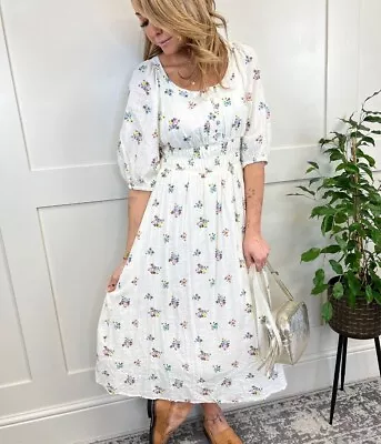 Ex TU Cotton Linen Look Ditsy Floral Midi Dress In Ivory White Size 22 24 • £16.95