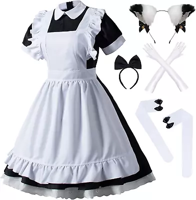 Japanese Anime Lolita Maid Costume Set - 6Pc Dress Gloves Headwear Socks • $65.32