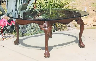 VTG Harden Oval Cherry Mahogany  Queen Anne Glass Top Cocktail Coffee Table - • $760