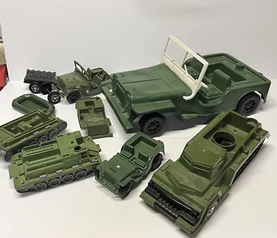 Large Lot 9 Vintage Plastic Metal Army Military Tank Jeeps Big Toy Vehicles 18” • $150