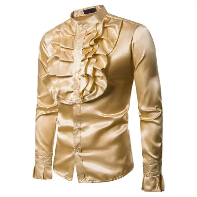 Ruffle Edge Imitation Silk Satin Men's Shirt Top Long Sleeved Victorian Retro • $11.15