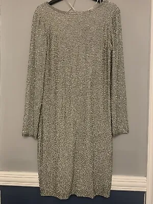 BNWT Miss Selfridge Fully Beaded Dress Long Sleeve Grey Silver Size 8/10 Xmas • £9.99
