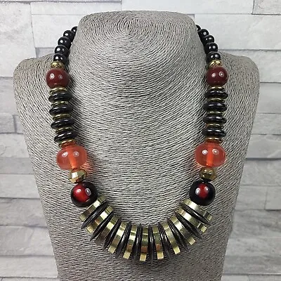 £9.50 • Buy Signed Statement Necklace Red Plastic Beads Gold Discs Costume Jewellery Boho