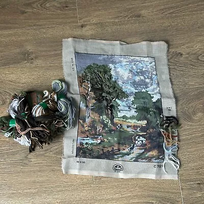 Vintage DMC Half Completed Tapestry Countryside Trees With Wool • £12