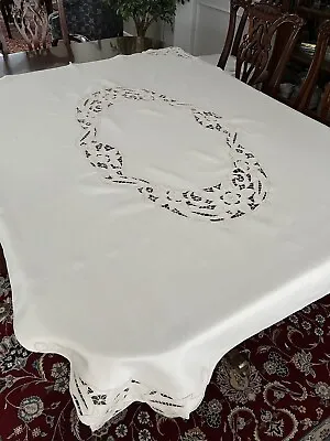 Vintage Madeira Ivory Cutwork Embroidered Linen Tablecloth  49.5  X 65  Easter • $29