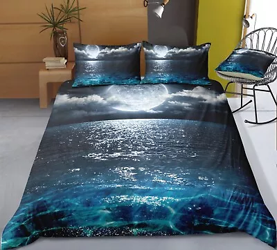 3D Cloud Moon Sea Ripple Blue Quilt Cover Set Duvet Cover Bedding Pillowcases • $85.49