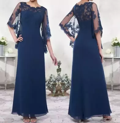 Navy Blue Mother Of The Bride Dress O-Neck Chiffon A-Line Cape Half Sleeve Lace • $145.36