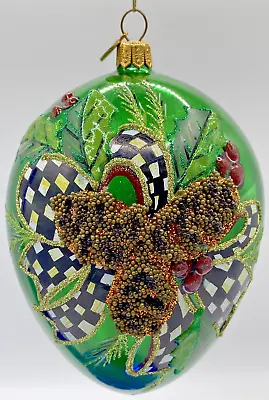 Mackenzie Childs ~ Glass Ornament ~ Green W/ Pinecones And Courtly Check Ribbon • $59.99