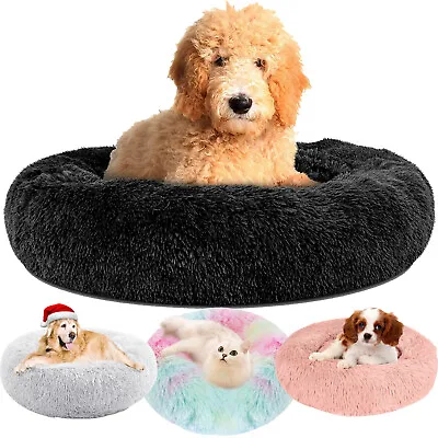 Dog Bed Donut Fluffy Soft Round Plush Cat Beds Calming Pet Anti Anxiety Washable • £18.39