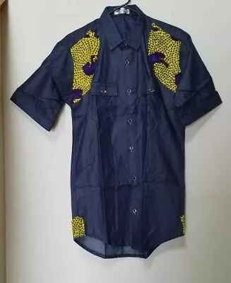 Men's Ankara On Jean Shirt African Dashiki Blue Multi Color Armpit-size: 20  • $59.99