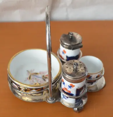 Vintage Gaudy Welsh Imari Condiment Set Lot Of 5 With Stand • $54.62