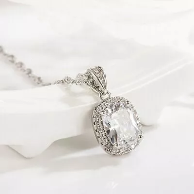 Crystal Square Pendant Chain Necklace 925 Sterling Silver Jewellery Gift UK • £3.99