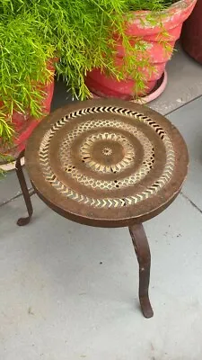 1800's Ancient Brass Jali Cut Flower 3 Leg Stool Round Table Old • £1450.40