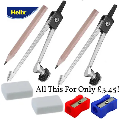 £3.45 • Buy 2 X HELIX Metal Compass. Drawing Compasses Plus Pencils, Erasers & Sharpeners