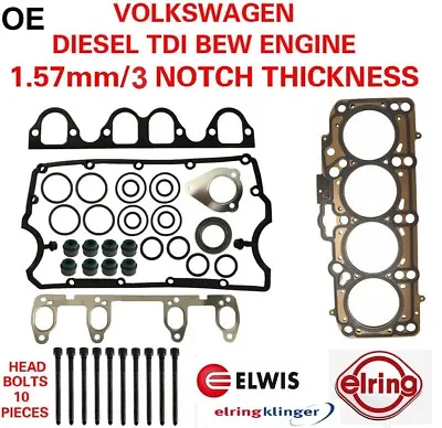 $142 • Buy Cylinder Head Gasket Set With Bolts VW TDI Diesel 1.9 BEW Engine 3 NOTCH