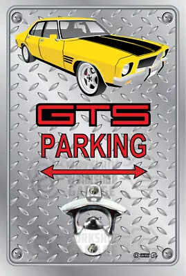 Pop A Top Wall Mount Bottle Opener Metal Sign - HOLDEN HQ GTS YELLOW/ MOMO RIMS • $29