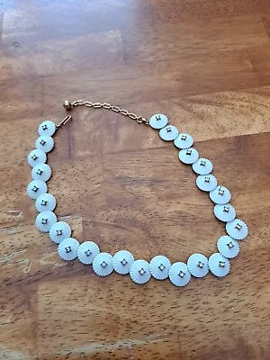 Vintage Crown Trifari White Lucite Round Disc Rhinestone Necklace  • $30