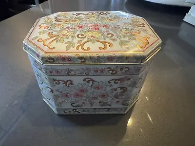 Vintage Meister Floral Tin Hinged Storage Box Decor Made In Brazil Mint/gold • $12.99