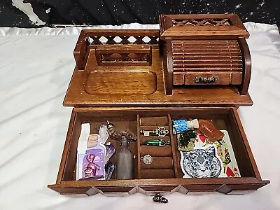 Wooden Men's Jewelry Box Roll Top Dresser Caddy Treasure Box Junk Drawer Extras • $48.39