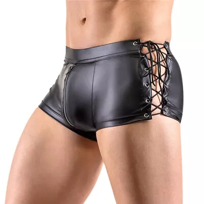 Mens Black Sexy Tight Leather Latex Wetlook Lace-up Zipper Boxer Shorts Clubwear • $12.59